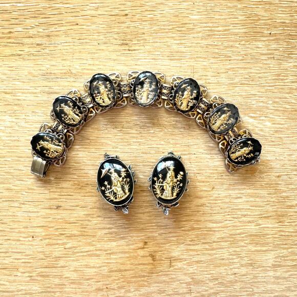 Whiting & Davis Attributed Asian Bracelet Earrings Reverse Intaglio Vintage 50s - Picture 6 of 7